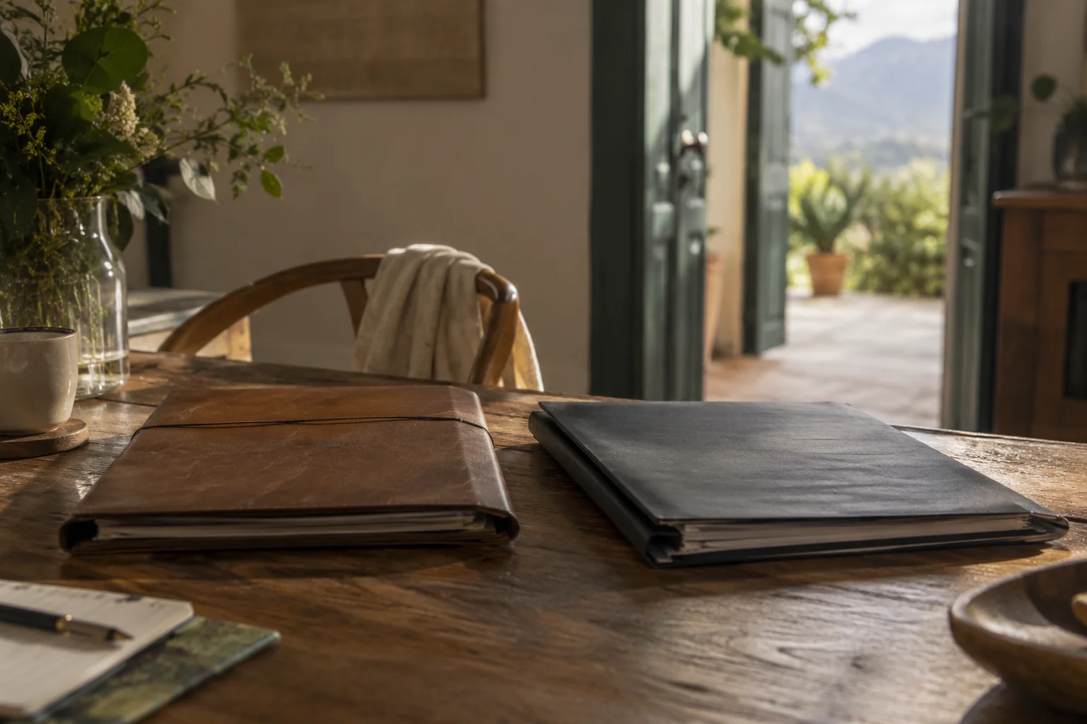 Dos carpetas distintas sobre una mesa con una puerta abierta al fondo
