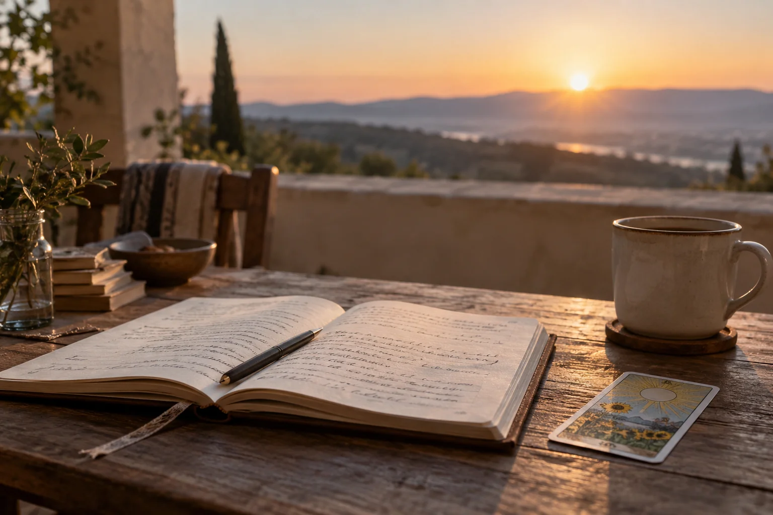 Cuaderno abierto con anotaciones y una taza sobre una mesa de trabajo al amanecer