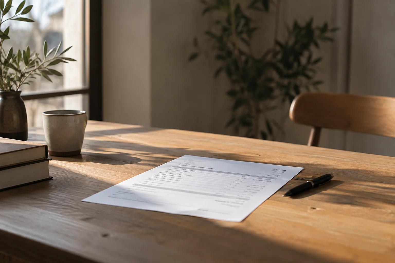 Factura impresa y bolígrafo sobre una mesa con luz de ventana lateral