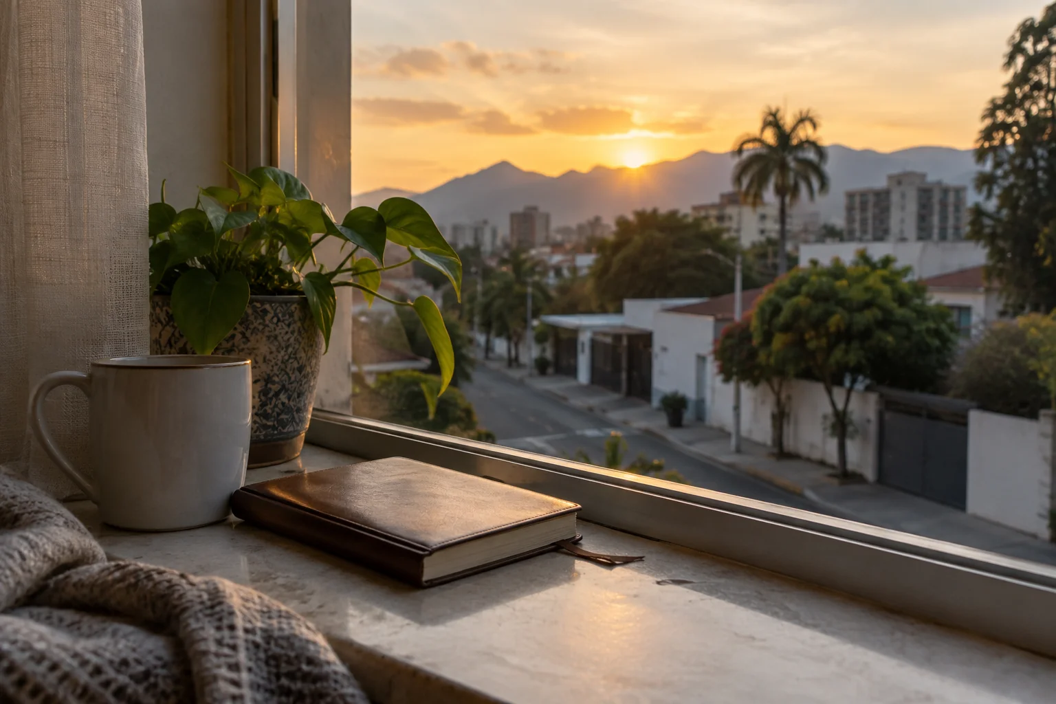 Ventana con vistas a una calle al amanecer y un cuaderno cerrado en el alféizar
