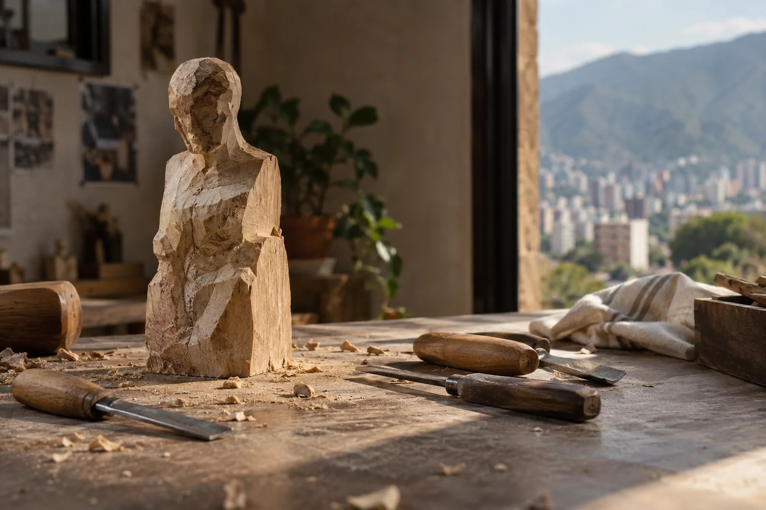 Maqueta a medio terminar sobre una mesa con herramientas apartadas a un lado