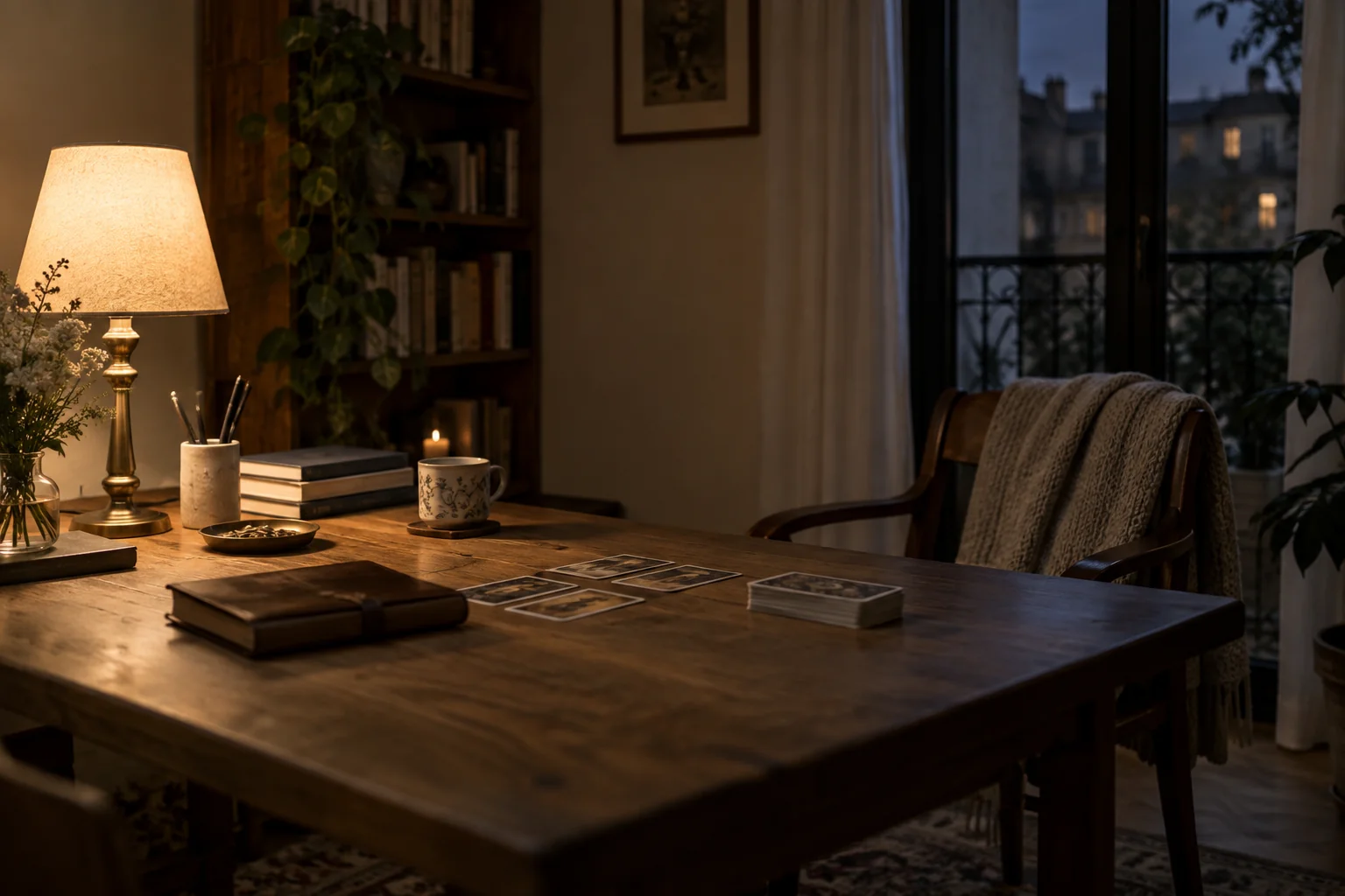Escritorio en casa con la luz encendida al final de la tarde y una silla vacía al lado