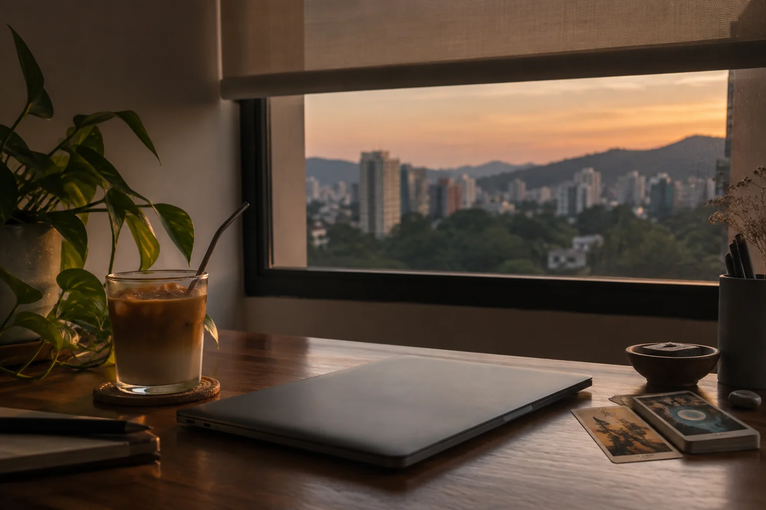Ordenador cerrado sobre una mesa con la persiana medio bajada al atardecer