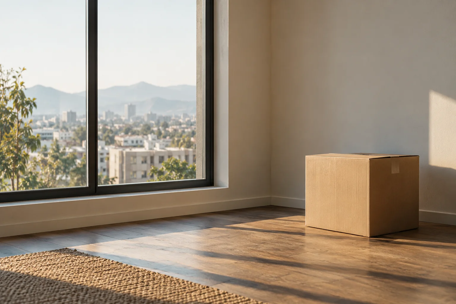 Habitación con pocas cosas y una caja sin abrir junto a una ventana grande