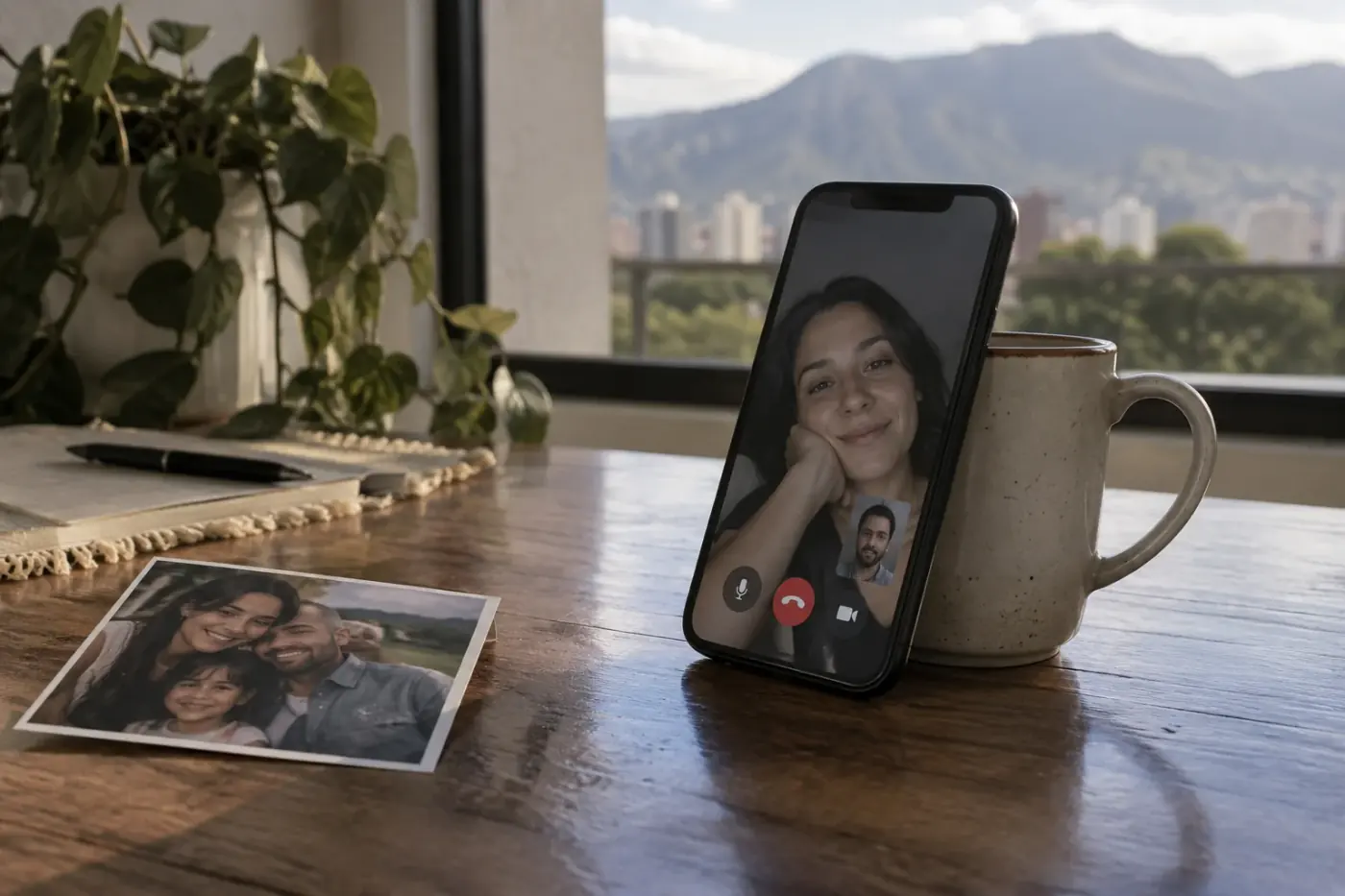 Videollamada familiar en un teléfono junto a una ventana y cartas de tarot