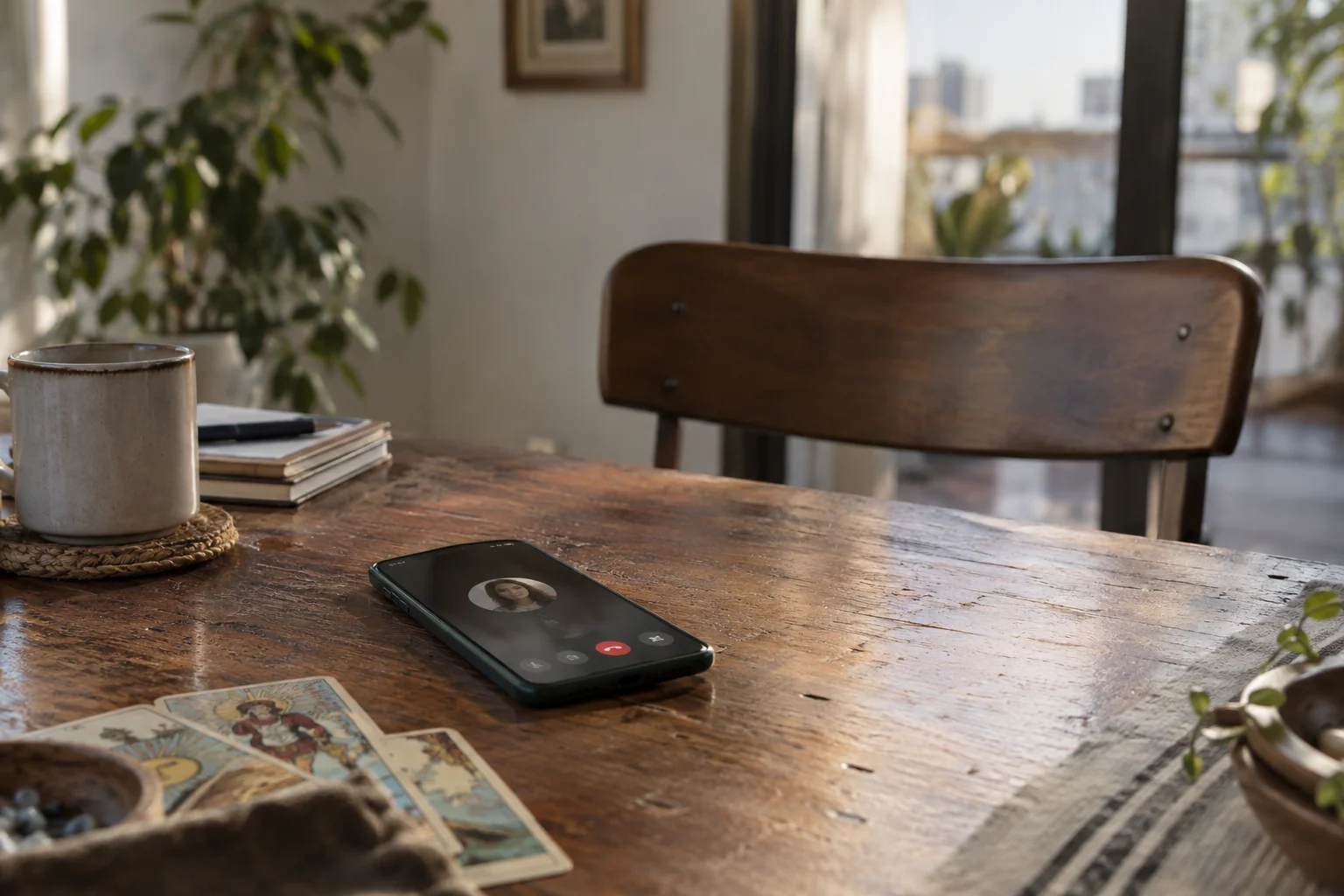 Teléfono sobre una mesa con una videollamada terminada y una silla vacía enfrente