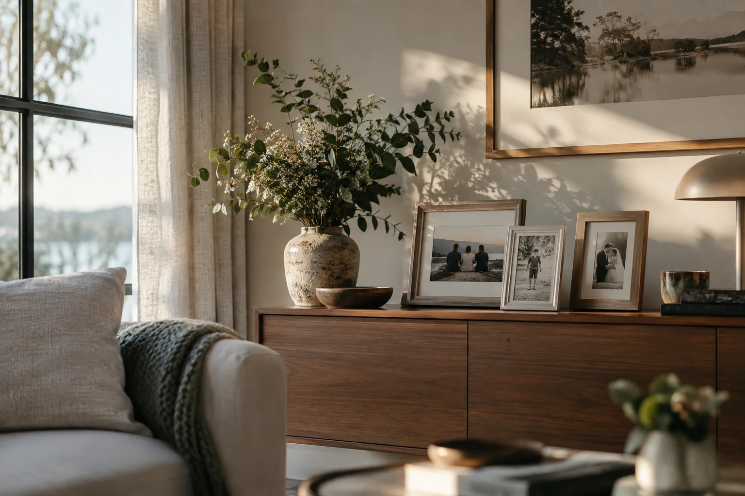 Salón con muebles ordenados y fotos enmarcadas sobre un aparador junto a la ventana