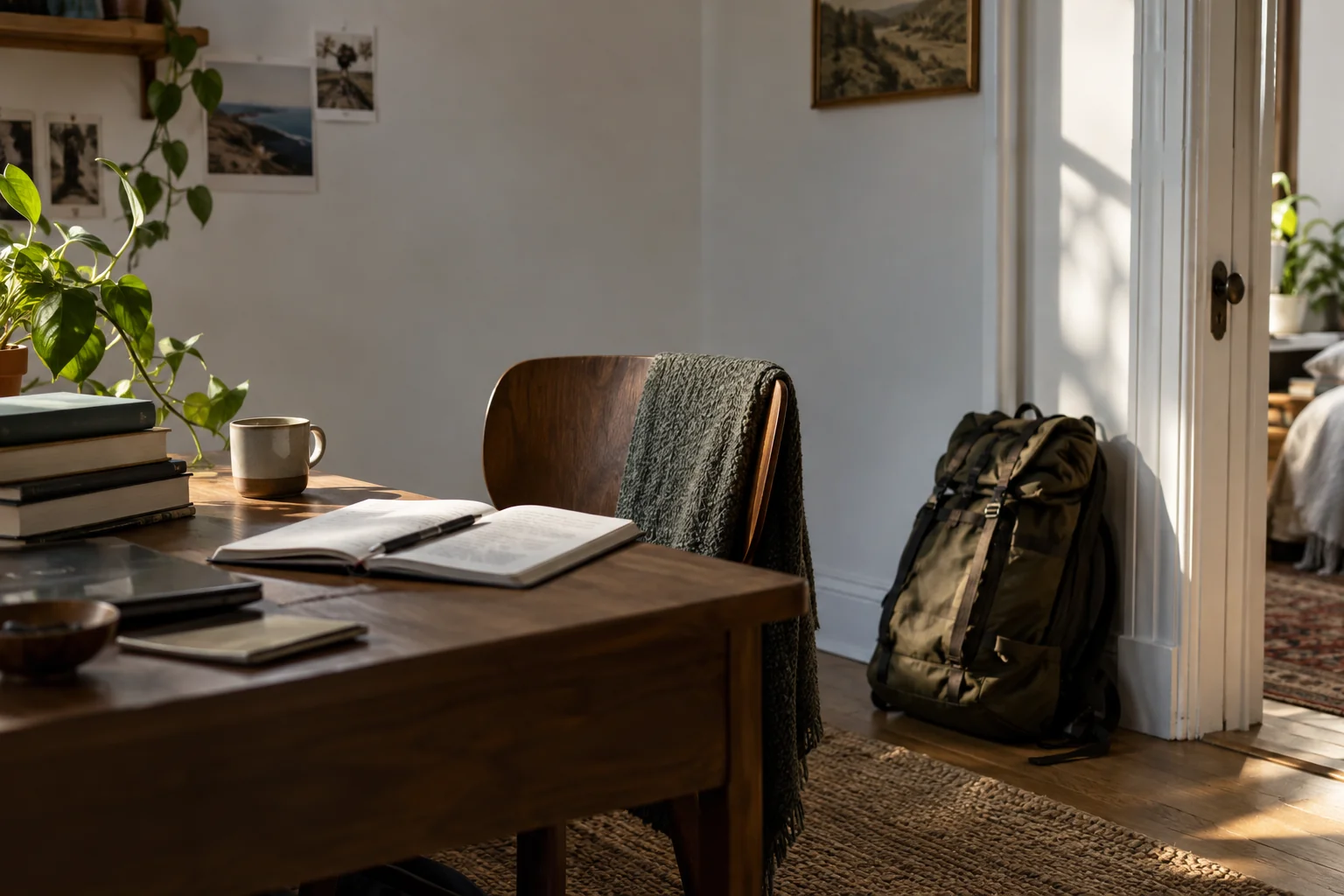 Escritorio de estudio con libros y una mochila apoyada junto a la puerta