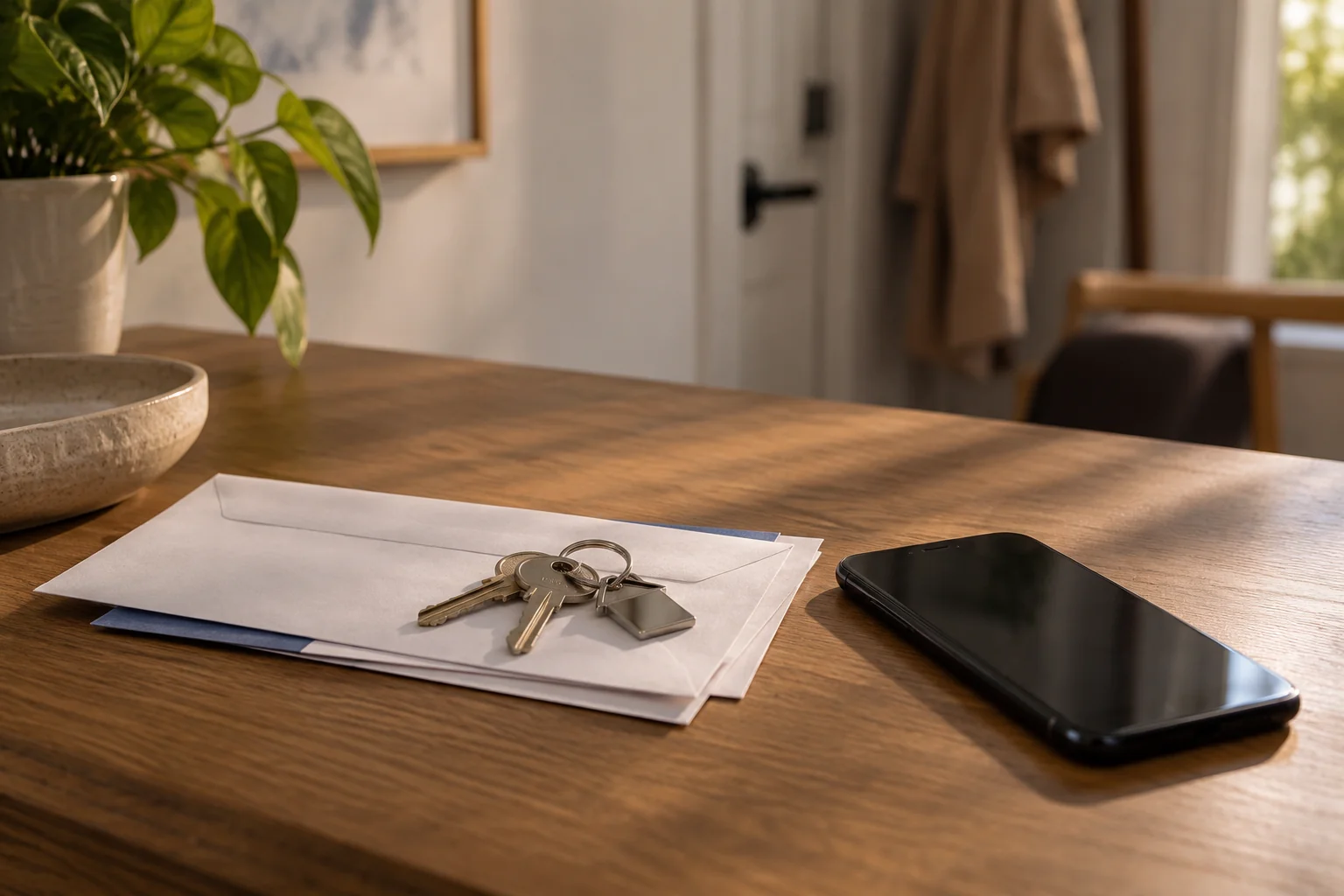 Llaves sobre un sobre con documentos junto a un teléfono en una mesa vacía