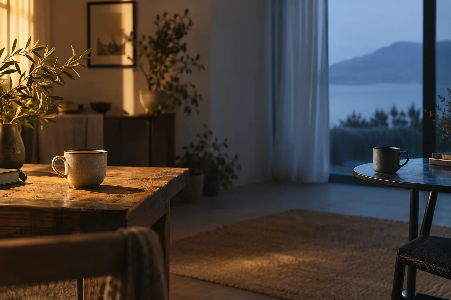 Dos tazas en mesas distintas fotografiadas una junto a otra con luces diferentes