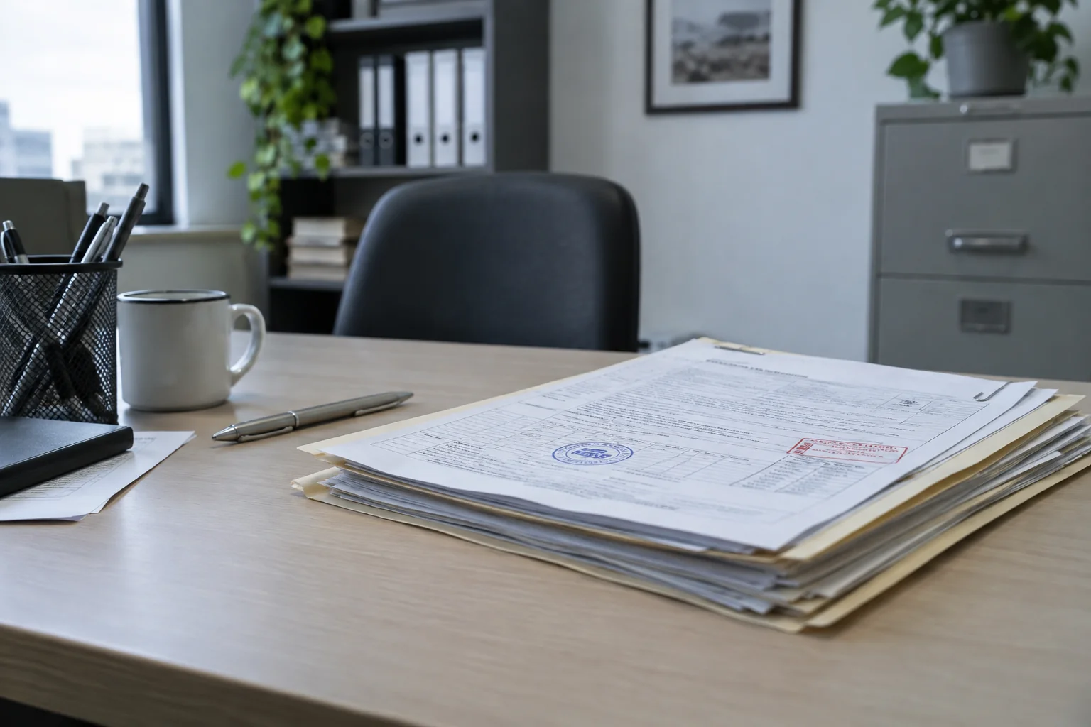 Carpeta con documentos y sellos sobre una mesa de despacho con luz fría