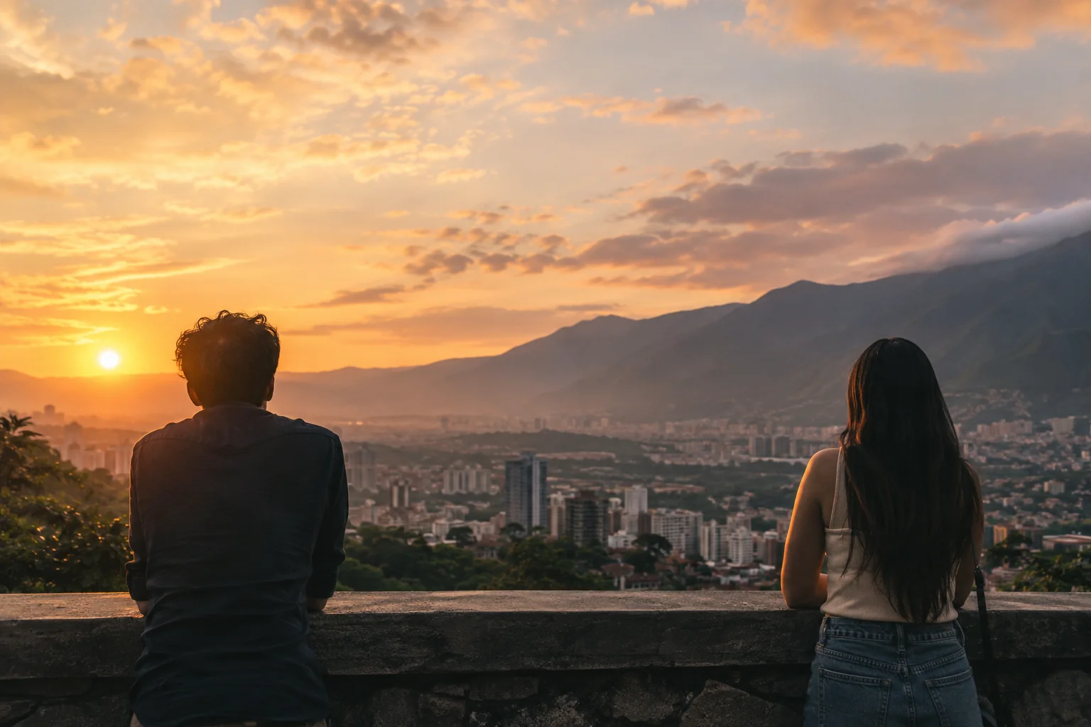 Dos personas de espaldas junto a una barandilla mirando una ciudad al atardecer