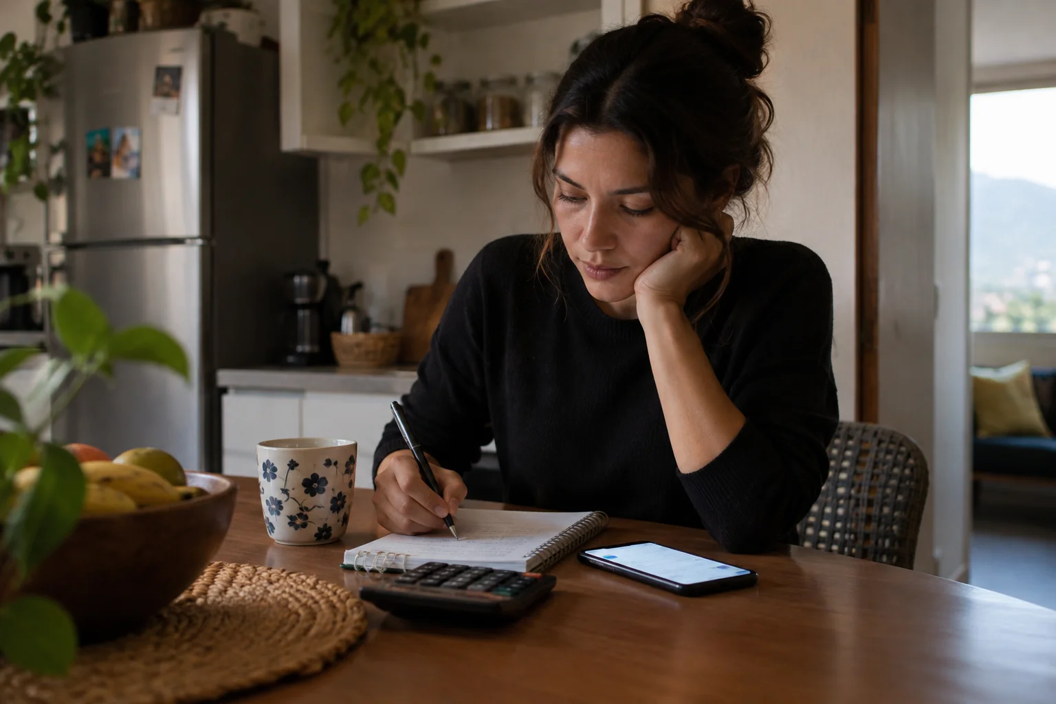 Calculadora y libreta con cuentas sobre la mesa junto a un móvil encendido
