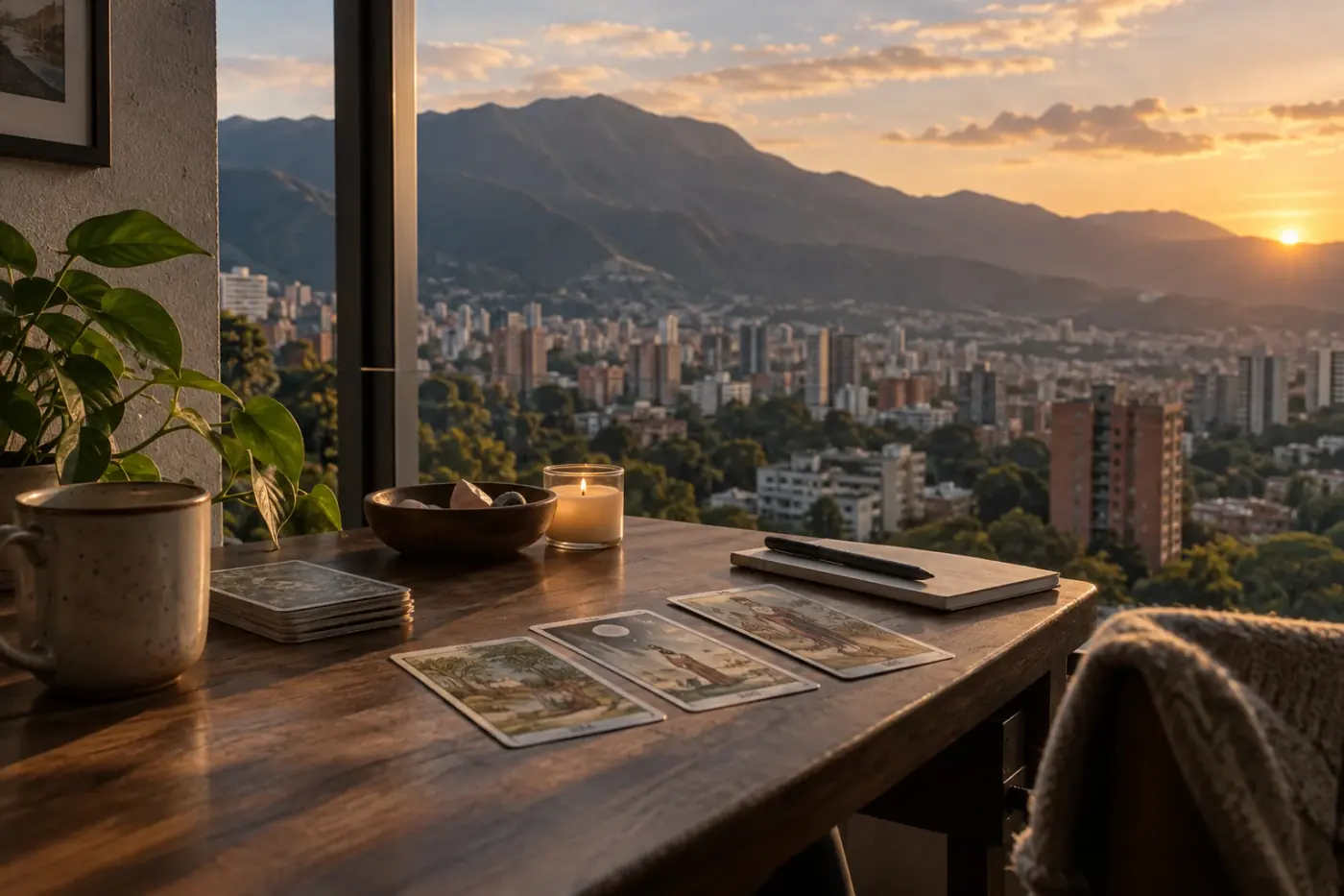 Mapa editorial de Venezuela con marcadores sutiles y cartas de tarot